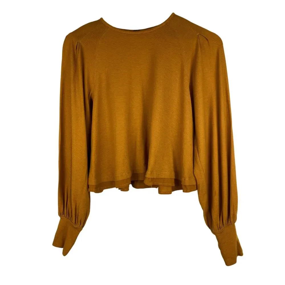 Free‎ People Women's Size XS Ochre Ribbed Long Puff Sleeve Crop Top *
